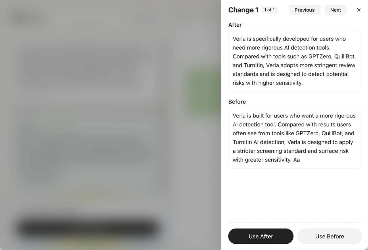 Verla AI Humanizer before and after comparison preview