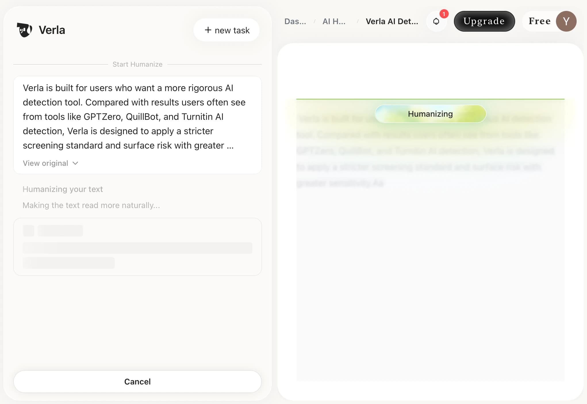 Verla AI Humanizer draft upload and humanizing preview