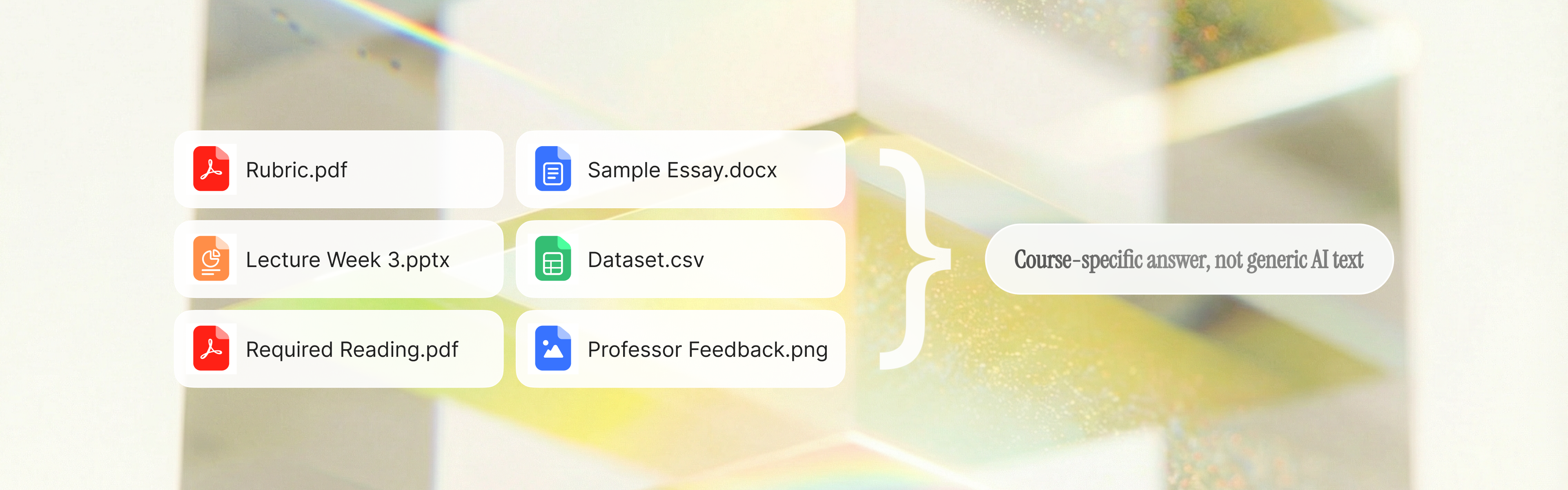 Course materials upload preview with files transformed into a course-specific answer